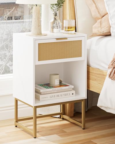 HEYZOEY Nachttisch mit Schubladen, Nachttische Holz, Boho-Rattan Nachtschrank mit Stauraum, Beistelltisch Nachtkommode für Schlafzimmer,Wohnzimmer,2 9x39x61.5cm,Weiß