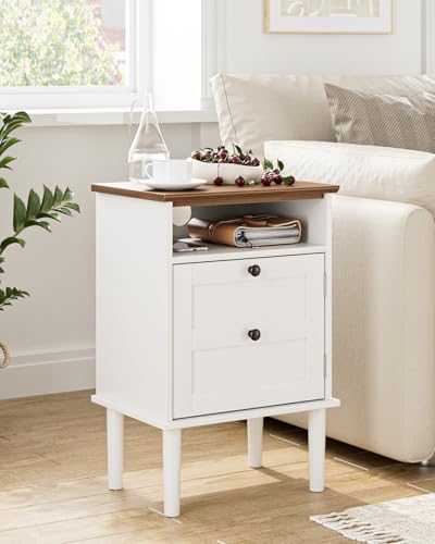 HEYZOEY Nachttisch Weißer Cafe Tisch Nachttisch Boho Beistelltisch mit 1 Schublade und 1 offenem Stauraum, Beistelltisch, Aufbewahrungskanister für Schlafzimmer Wohnzimmer, Weiß