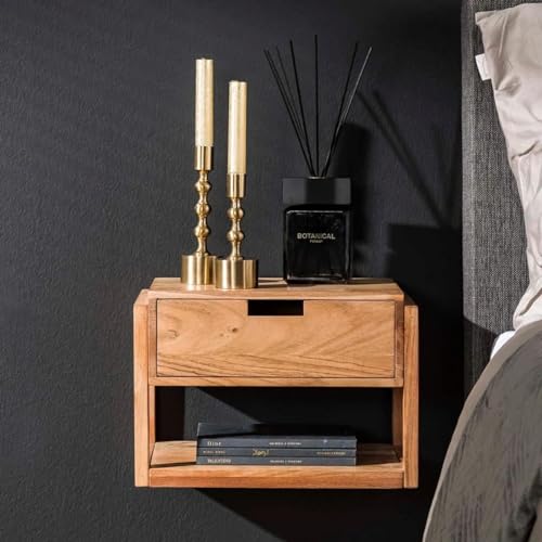 RINGO-Living Massivholz Nachttisch Schwebend mit Ablage & Schublade, Akazie Industrie Stauraum Nachttisch Vintage Style, Nachtschrank, Nachttisch Industrie Style, Nachttisch Holz, Echtholz