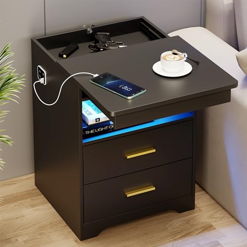 FREDEES Intelligenter LED-Nachtisch mit Verstecktem Schublade, Nachttisch mit Ladestation und 3 Farben Menschensensorlichter, Moderner Nachttisch mit Stauraum Schwarz