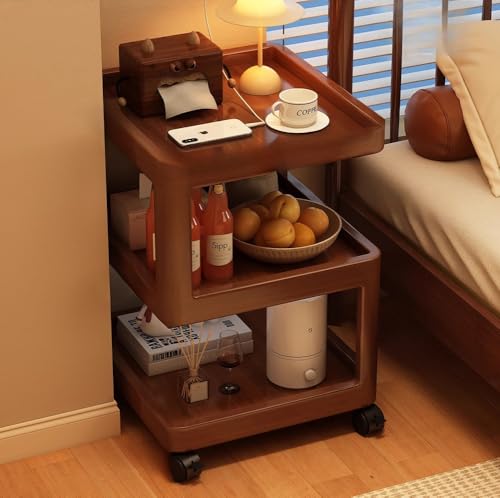 YOUGANG Nachttisch aus Holz mit offenem Regal, S-förmiger Nachttisch mit Rollen für kleine Räume, moderner Sofa-Beistelltisch für Wohnzimmer, Schlafzimmer, Büro (Nussbaum, B)