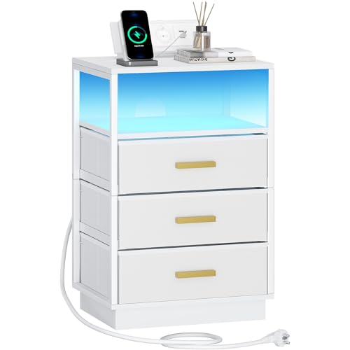Hzuaneri Nachttisch, Nachttische mit 2 AC-Steckdosen und 2 USB-Anschlüsse, LED-Beleuchtung, Beistelltisch mit 3 Stoffschubladen und Offenes Fach, für Schlafzimmer, Wohnzimmer, Weiß NS53303W