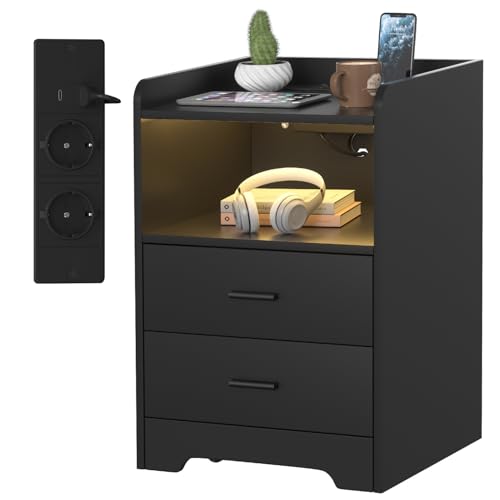 Peviasot Nachttische mit LED-Lichtern, Ladestation(2 AC-Steckdosen, 2 USB-Anschlüsse) 2 Schubladen und 1 offenes Fach Beistelltisch für Wohnzimmer Schlafzimmer Schwarz
