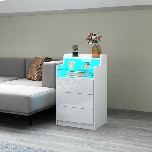 Komtopod LED Nachttisch mit Ladestation, Nachtschrank Beistelltisch mit 3 Schubladen, 2 AC-Steckdosen, 2 USB-Anschlüsse, Hochglanz-Schubladenfront en, für Wohnzimmer, Schlafzimmer, Arbeitszimmer, Weiß
