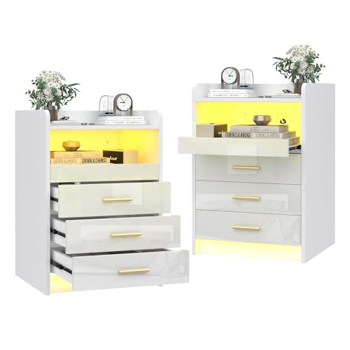 HaodaCulture Nachttisch mit Steckdose, Nachttisch 2er Set, Nachtkommode Weiß Hochglanz mit LED, Einstellbare 36 Farben, Offenes Fach, Beistelltisch Nachtschrank für Schlafzimmer Wohnzimmer 45x40x65cm