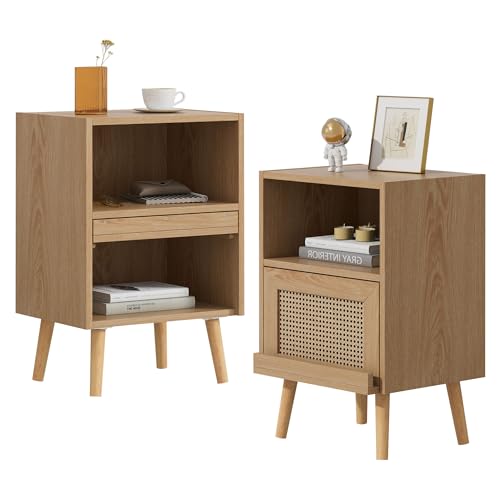 UEV Nachttisch Rattan 2er Set Boho Stil, Nachtschank Holz mit offenem Regal Beinen Sofatisch Nachtkommode nightstand Beistelltisch für Wohnzimmer Schlafzimmer, 40 x 30 x 60cm, Natur
