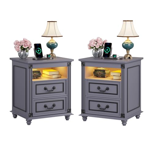 FREDEES Nachttisch 2er Set mit Steckdose, LED Nachttisch mit Ladefunktion, Beistelltische mit 2 Schublade Holz Nachtkommode für Schlafzimmer/Wohnzimmer Grau