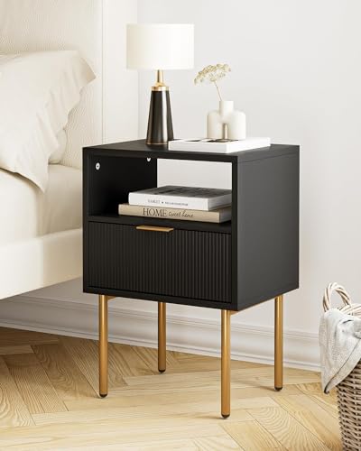 HEYZOEY Nachttisch, Nachtschrank mit 1 offenen Ablagen und 1 Schublade, Modern Nachtkästchen, Boho Nachtkommode für Schlafzimmer, Wohnzimmer, Schwarz und Gold