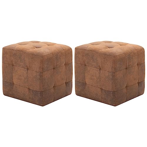 Makastle Nachttische Würfel 2er Set, Bodenkissen Hocker, Fußhocker mit Massivholzrahmen für Wohnzimmer Schlafzimmer, Braun 30x30x30 cm Wildleder-Optik