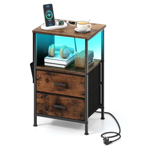 COSTWAY Nachttisch mit LED und Ladestation, Beistelltisch mit 2 Schubladen & Seitentaschen, Nachtschrank mit USB-Anschlüsse & Steckdosen, 38 x 30 x 60 cm