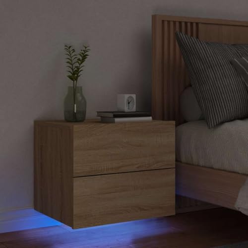 Wand-Nachttisch mit Holzwerkstoff, Sonoma-Eiche Oberfläche, RGB-LED-Beleuchtung, 2 Türen,Praktischer Stauraum,Nachttisch hängend,Wandregal mit Schublade,Für Schlafzimmer und Wohnzimmer,50x39x41cm