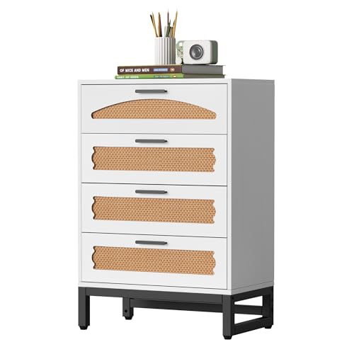 Mericonia Natürliche Rattan Kommode 4 Schubladen, Aufbewahrungs Organisatio nskommode stabilen Griffen Füßen für, Wohnzimmer, Flur Eingangsbereich, Weiß