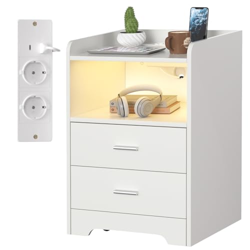 Peviasot Nachttische mit LED-Lichtern, Ladestation(2 AC-Steckdosen, 2 USB-Anschlüsse) 2 Schubladen und 1 offenes Fach Beistelltisch für Wohnzimmer Schlafzimmer Weiß