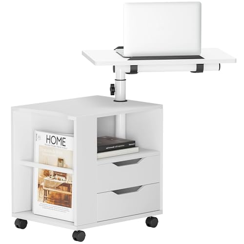 SogesHome Bestelltisch Nachttisch höheverstellbar Schlafzimmermöbel Kommode mit Schublade Aufbewahrungsschrank mit schwenkbarem Regal abschließbare Universalrollen (Weiß)