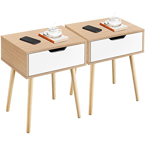 Yaheetech 2er Set Beistelltisch Schublade Holzbeine Sofatisch für Schlafzimmer/Wohnzimmer, Hellbraun