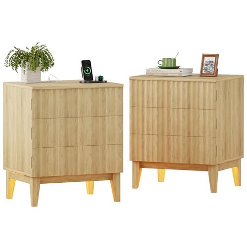 OUTDOOR DOIT LED Nachttisch 2er Set - mit 3 Schubladen und Automatischem Sensor,Intelligenter Nachtschrank mit 3-Farbiger Beleuchtung und USB/Type-C,Nachtkommode Der Sich für Schlafzimmer,Naturfarbe