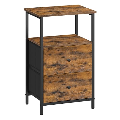 VASAGLE Nachttisch, Beistelltisch mit 2 Stoffschubladen, Couchtisch mit Ablagen, 61 cm hoch, für Wohnzimmer, Schlafzimmer, vintagebraun-tintenschwar z LGS025B01