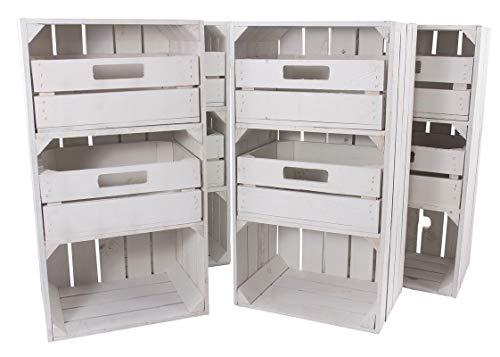 Kontorei Weiße Regalkiste mit 2 Schubladen 75cm x 40cm x 31cm 4er Set Obstkisten Weinkisten Schrank Holzbox Shabby chic Weiss Nachttisch DIY modern Möbel Garten