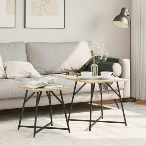 Owoxanthellate Beistelltisch Set 2er Sonoma Eiche Schwarz 50x50x50 cm Couchtisch Modern aus Engineered Holz & Metall Langlebig für Wohnzimmer Schlafzimmer Büro