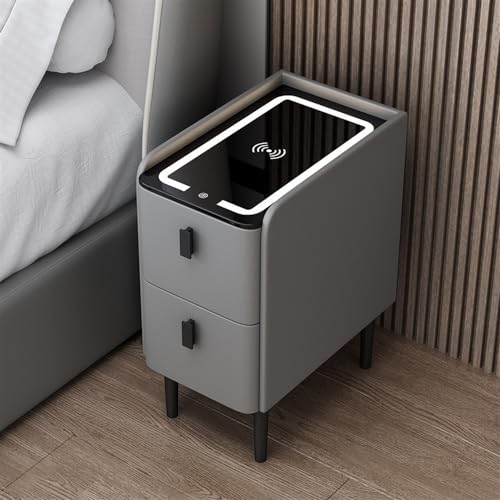 HJYBFA Intelligenter Nachttisch aus Holz mit kabelloser Aufladung und USB-Anschluss, modernes dreifarbiges Licht reichlich Stauraum (Farbe: Dunkelblau, Größe: 40 x 45 cm)