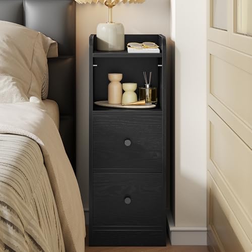 Hzuaneri Nachttisch Schmal, Beistelltisch mit 2 Schubladen, Nachttische mit Offenem Fach, Verstellbare Schubladenposition für Schlafzimmer, Wohnzimmer, 30 x 24 x 65 cm Schwarz NS62104X