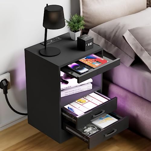  Ladefunktion, Nachttische Led USB Anschlüsse Steckdosen, Schwarz Beistelltisch Bett Schublade Offenen Fächern, Nachtkästchen Wohnzimmer, 60x40x35 cm