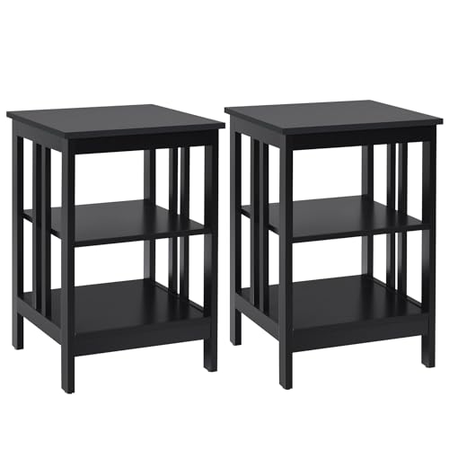 GIANTEX 2er Set Nachttisch, Beistelltisch 3 Ebenen, Sofatisch Couchtisch Holz, Kleiner Kaffeetisch Teetisch Wohnzimmertisch, Nachtschrank Nachtkommode 40x40x61cm für Wohnzimmer Schlafzimmer Schwarz