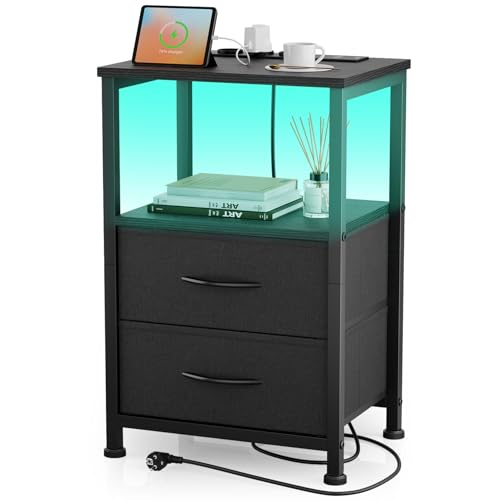 Yornoli LED & Ladefunktion, Beistelltisch Schublade, Nachttische 3 AC Anschlüsse & 2 USB Anschlüssen, Beistelltische fürs Wohnzimmer, Schlafzimmer,
