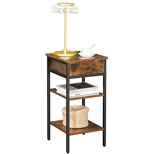 VASAGLE Nachttisch, Couchtisch, Beistelltisch, Nachttisch, hoch, mit Schublade und 2 Ablagen, platzsparend, industrieller Stil, rustikales Braun und Schwarz LET502B01