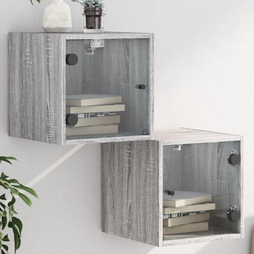 Fasba Nachttische mit Glastüren 2 STK. Grau Sonoma 35x37x35 cm, Beistelltisch mit viel Stauraum, Nachtschrank, Nachtkommode, Nachtkonsole