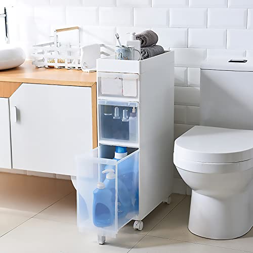 Hocher, schmaler Badezimmer-Aufbewahrungss chrank mit 4 transparenten Schubladen und Rollen, schlanker, vertikaler freistehender Kommodenturm für kleine Räume, einfache Montage (14 cm/22 cm Breite)