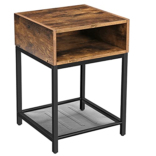 VASAGLE Nachttisch, Beistelltisch mit offenem Fach und Gitterablage, Wohnzimmer, Schlafzimmer, einfacher Aufbau, platzsparend, Industrie-Design, vintagebraun-schwarz LET46X