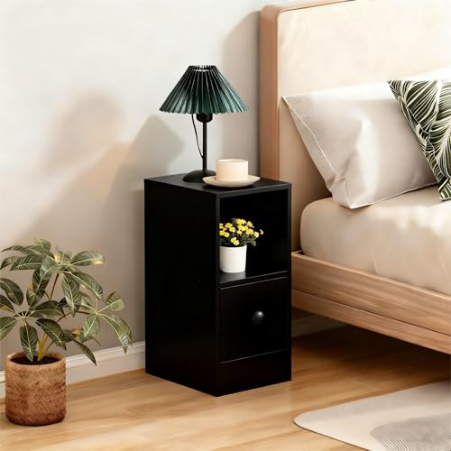 20 cm Kleiner Nachttisch mit Schublade, Schmaler Beistelltisch mit Ablage, Schlankes Nachtschrank Nachtkommode mit Stauraum für kleine Räume Schlafzimmer Wohnzimmer (Schwarz)