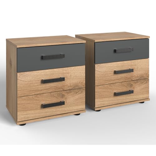 Lomadox 2er Set Nachtkommoden Nachtschränke Naschttische Nachtischschrank 3 Schubladen Industrial Stil Design Eiche Graphit 52x58x38 cm
