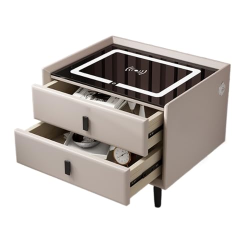 Generisch Intelligenter Nachttisch mit 3 farbigen LED-Leuchten, kabelloser Ladestation und USB-Anschlüssen, Aufbewahrungsschrank mit Platte aus gehärtetem Glas für Schlafzimmer und Wohnzimmer (weiß)