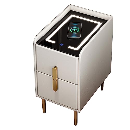 Moderner Nachttisch mit 2 Schubladen, Ladestation und LED-Licht, Nachttisch für Schlafzimmer, Bianco (30 x 40 x 50 cm)