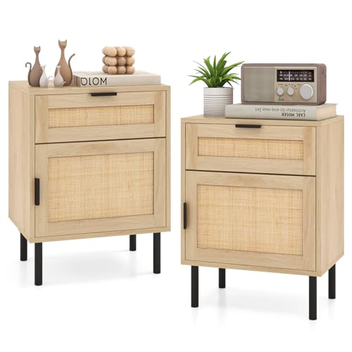 COSTWAY Nachttisch Rattan, 2er Set, Nachtschrank mit Schublade und Schrank, Beistelltisch, Sofatisch, Nachtkonsole im Boho-Sti für Schlafzimmer, Wohnzimmer, 45 x 30 x 59 cm (Natur)