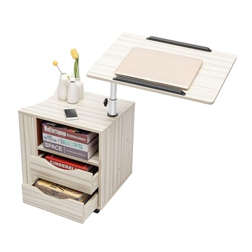 DAOHHFO Nachttisch Schlafzimmer - Funktioneller Drehbarer Verstellbarem Nachttisch mit 2 Schubladen - Betttisch auf Rollen und offenen Regalen - Holz Laptoptisch für Schlafzimmer und Büros