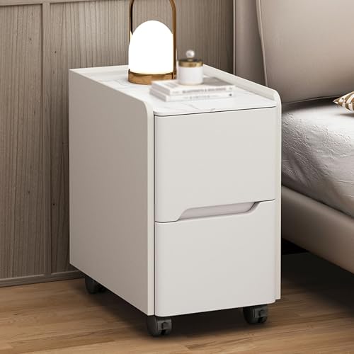 Schmaler Nachttisch aus Massivholz mit 2 Schubladen, minimalistischer Nachttisch mit Lederummantelung, rollbarer Beistelltisch für Schlafzimmer, 25x