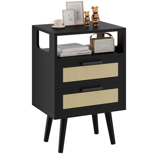 YMYNY Rattan Nachttisch mit 2 Schubladen, Beistelltisch, Boho-Nachtschrank, Offener Regal? Massivholz Beinen, Sofatisch, Couchtisch für Wohnzimmer, Büro, Schlafzimmer, Schwarz HST015B