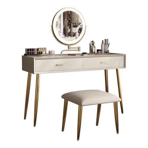 NOCHX Schminktisch mit Drehspiegel 360° & LED-Beleuchtung - Kosmetiktisch aus Mikrofaser-Leder, 2 Schubladen, 3 Lichtfarben, Hocker - Vanity Set (80 cm)(Beige)