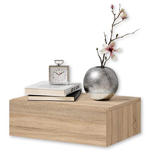 Stella Trading Nachttisch hängend, Sonoma Eiche Optik - Schwebender Nachtschrank mit Schublade und viel Stauraum - 42 x 14 x 30 cm (B/H/T)