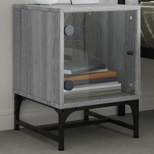 Ziaphsol Nachttisch Grau Sonoma mit Glastür 35x37x50 cm, Stabiler Beistellschrank für Schlafzimmer und Wohnzimmer, Holzwerkstoff für Bücher, Lampen und Deko, praktischer Stauraum