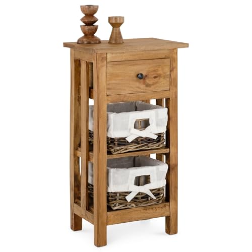 IDIMEX Nachttisch TOURNETTE aus Mahagoni Massivholz, lackiert - schmale Nachtkommode mit 1 Schublade & 2 Rattan Körben inkl. Stoffeinsätze, ideal für Schlafzimmer & als Beistelltisch