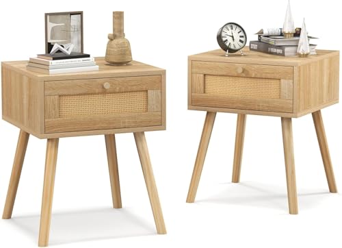 RELAX4LIFE 2er Set Nachttisch mit Schublade, Beistelltisch mit Rattan-Design, Nachtkommode mit Metallgriff & Massiven Kiefernholzbeinen, für Sofatisch Schlafzimmer Wohnzimmer, 40 × 40 × 55 cm
