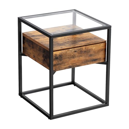 BEGRYF, Nachttisch mit Schublade und Glasplatte – Industrial Beistelltisch 43x43x54 cm, Holzoptik & Metallrahmen, Nachtschrank mit Stauraum
