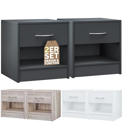 Casaria® 2er Set Anthrazit Schublade 41x39x28 cm Holz Ablage Modern Schlafzimmer Bett Nachtschrank Nachtkästchen Beistelltisch Nachtkommode