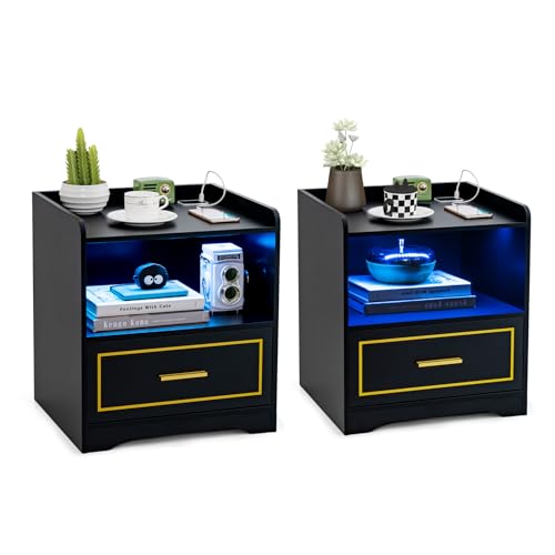 RELAX4LIFE Nachttisch mit LED-Beleuchtung, 3 Farblicht dimmbar, Nachtschrank mit Schublade & offener Ablage, Nachtkommode mit USB & Type-C Laden, Menschliche Sensorfunktion, 45x40x50 cm (2, Schwarz)