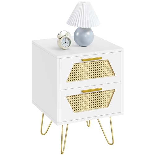 Yaheetech Nachttisch Nachtschrank mit 2 Schubladen Rattan-Design Beistelltisch mit 2 Schubladen Metallbeine Sofatisch Nachtkommode für Boxsprinbgett, Weiß