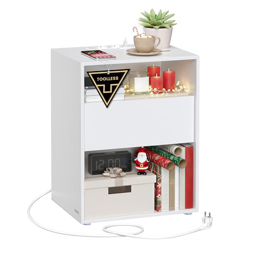 VASAGLE Nachttisch, Toolless-Technologie, superschnelle werkzeuglose Montage, Beistelltisch mit Ladefunktion, Nachtschrank mit Schublade, Schlafzimmer, mattweiß LET777W04